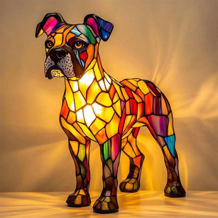 Colorful dog lamp with standing mosaic dog, multicolor stained-glass look