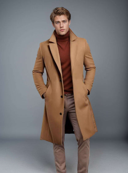 Mid-length trench coat with notched lapels and button front, long sleeves, tan color.