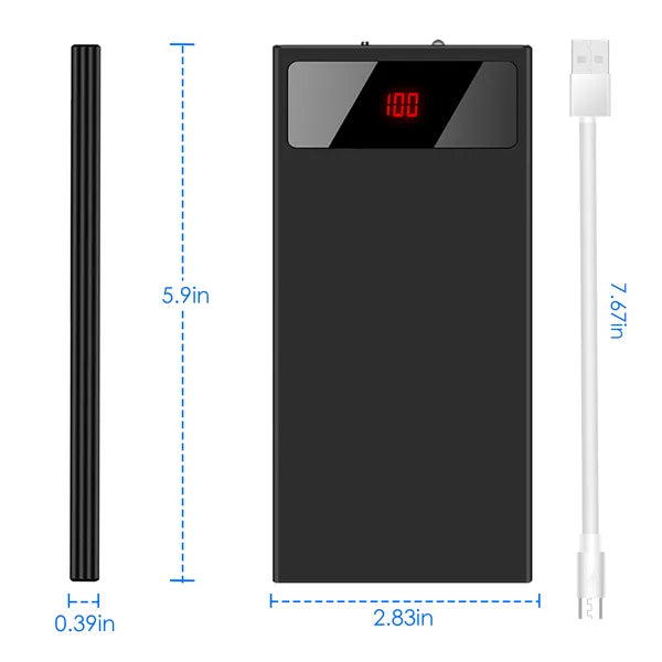 Black ultra-thin power bank with a charging cable shown beside it.
