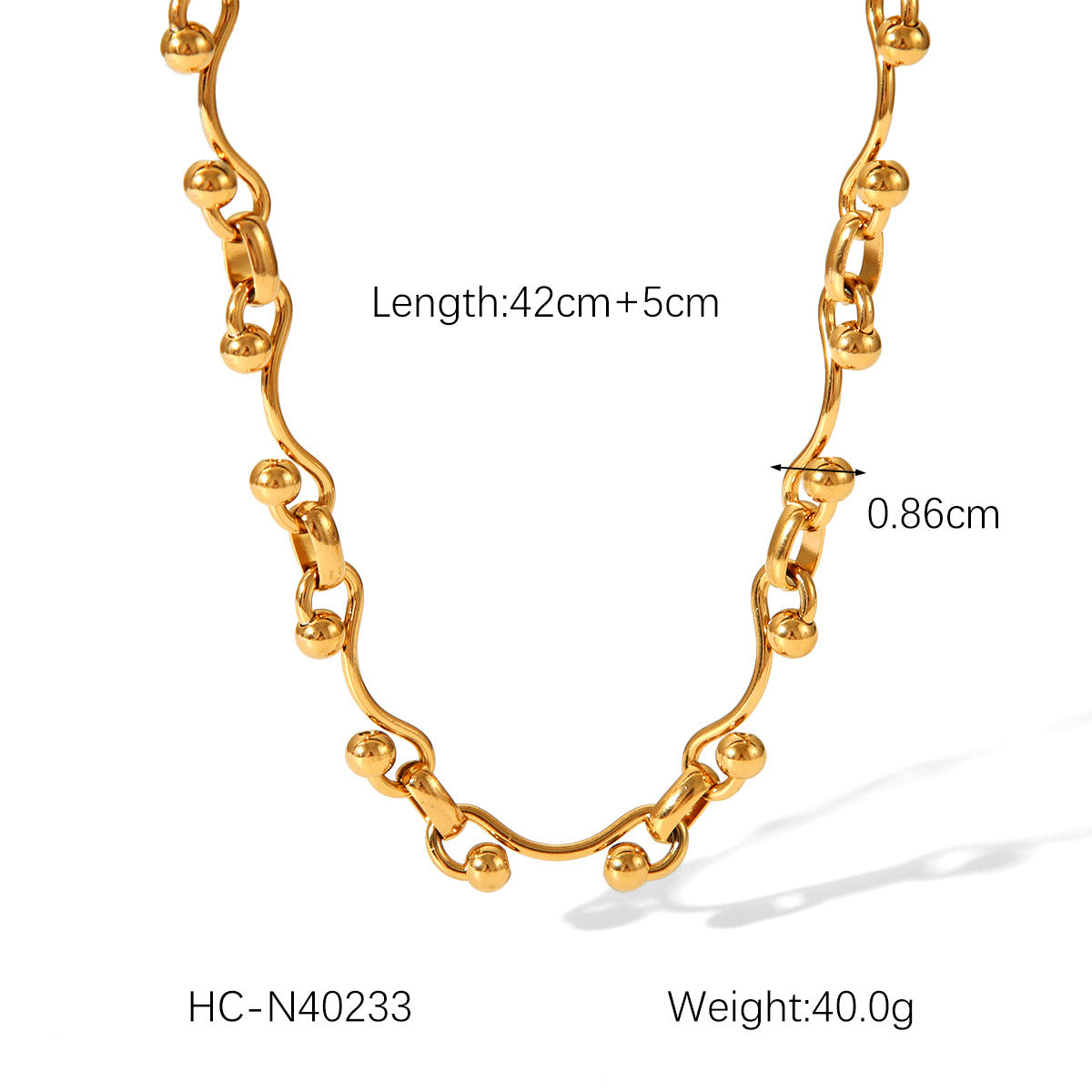 Gold-plated link bead chain necklace with rounded oval beads, curved drape