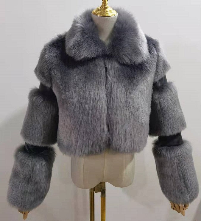 Women's Lapel Artificial Fur Coat - Chic Fur Stitching Women's Fur Stitching Lapel Artificial F | Ectron Online
