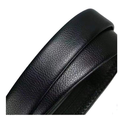 Men’s business casual automatic belt strap in black pebbled leather with stitched edge