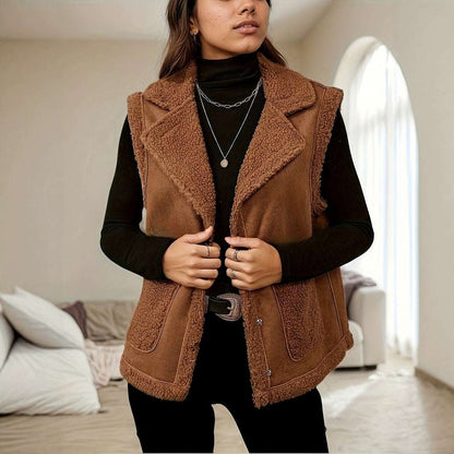 Woman wearing a brown fleece vest in a living room setting