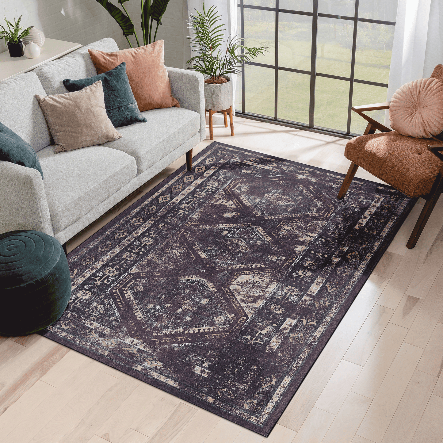Maval Washable Area Rug - Black & Burgundy (5' x 8')