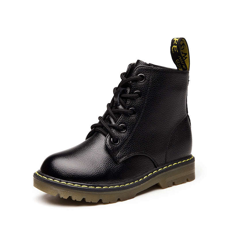 Black kids’ lace-up ankle boots with yellow edge stitching and rugged tread sole