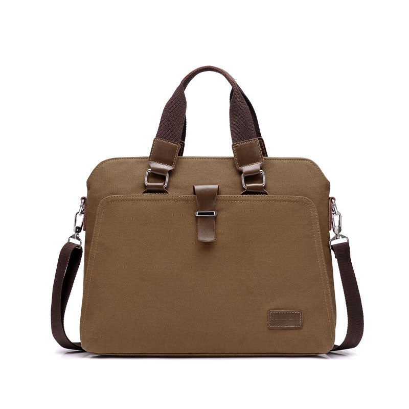 Coffee brown canvas briefcase with top handles, shoulder strap, and front buckle strap