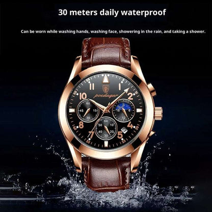 Men's wrist watch with rose-gold-tone case and black dial, paired with brown leather strap