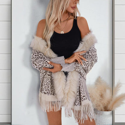 Women's Leopard Poncho with Faux Fur Collar | Fringe Hem Cardigan Women's Leopard Poncho With Faux Fur Col | Ectron Online