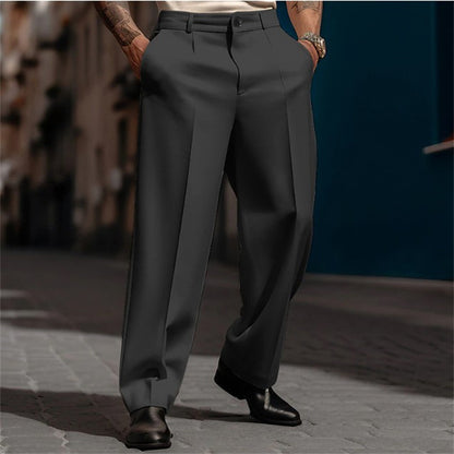 Men's straight-leg suit pants in dark gray, flat front, belt loops, tailored cuffs
