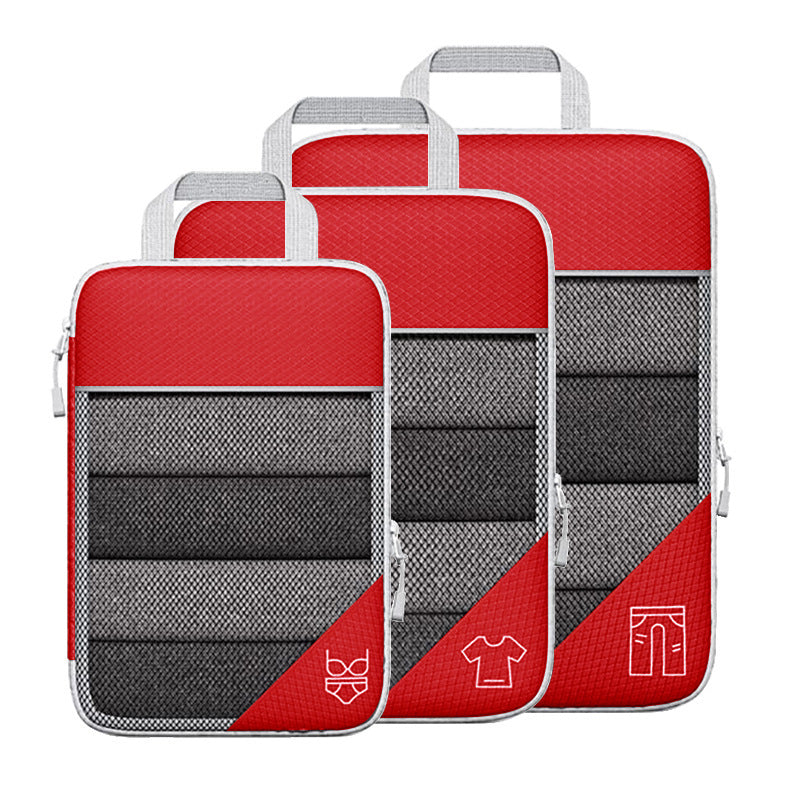 Luggage organizer set with compression bags and shoe bag, red and gray panels