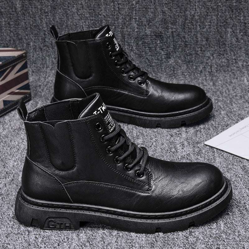 Black leather lace-up ankle boots with side gore and chunky rubber sole