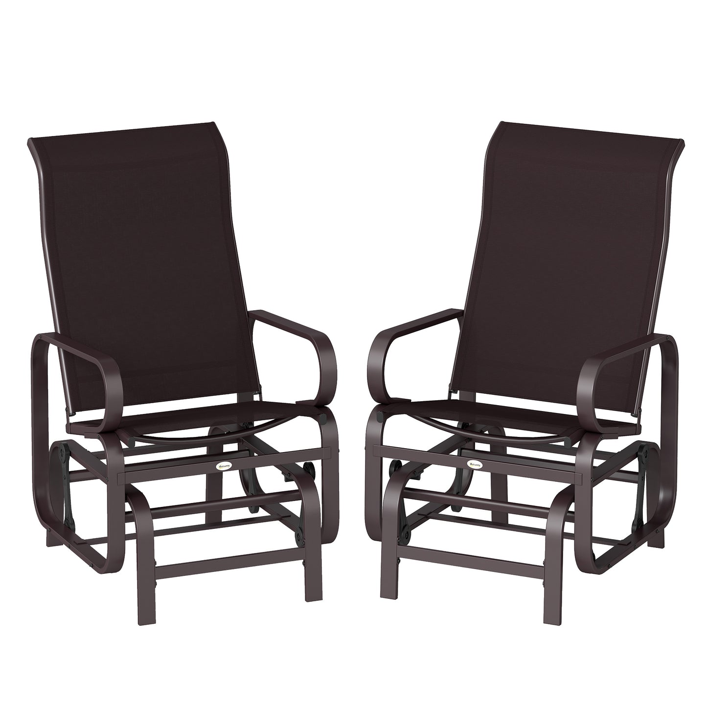 Set of 2 gliding patio lounger chairs with dark mesh back and armrests on metal base.
