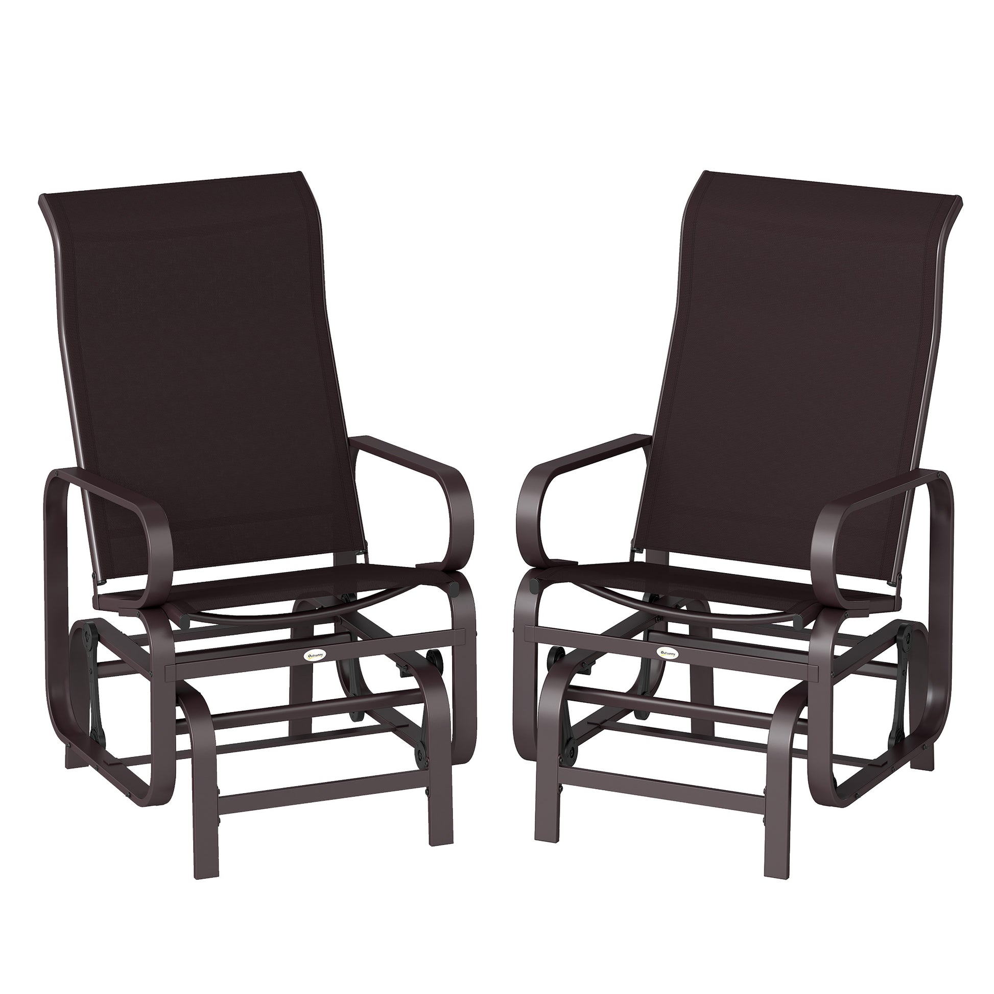 Set of 2 gliding patio lounger chairs with dark mesh back and armrests on metal base.