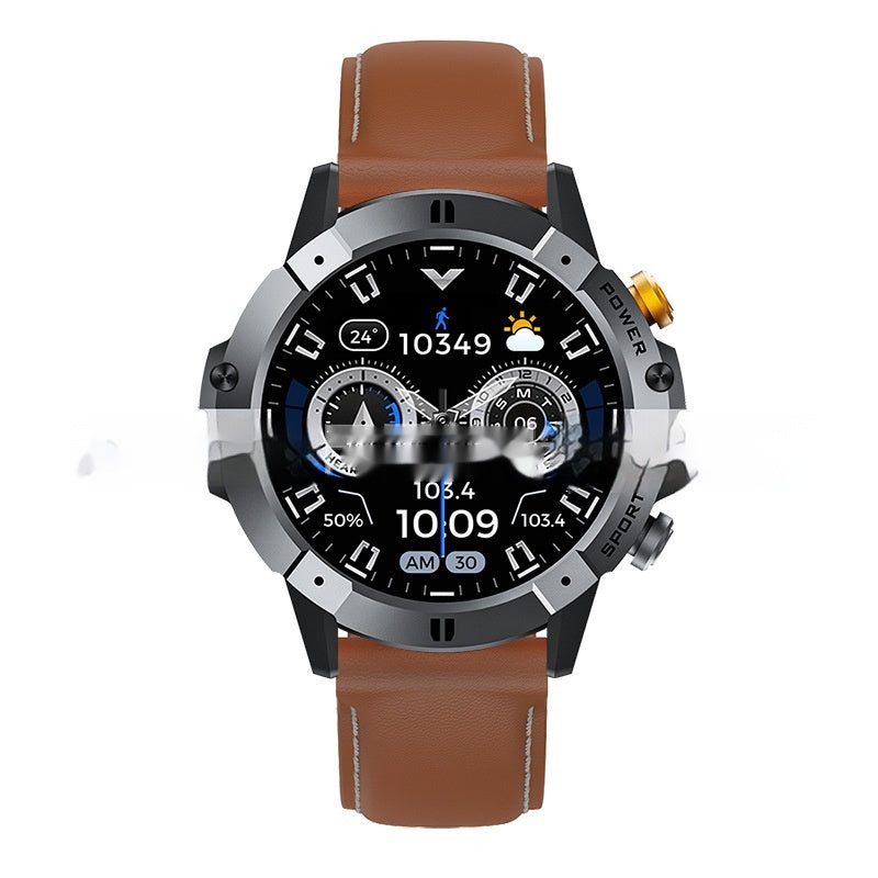 Bluetooth calling smartwatch with dark case and brown leather strap