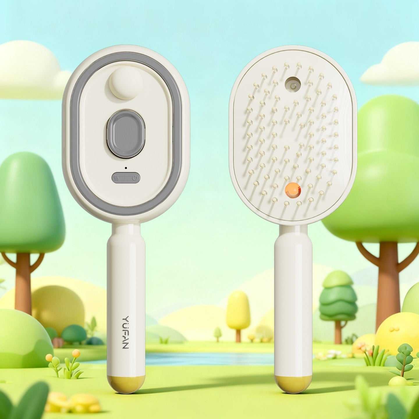 Electric spray massage comb in white with blue base, round spray head and massage pins