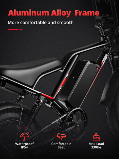 Aluminum alloy e-bike frame with black seat, front fork, and red accent stripe