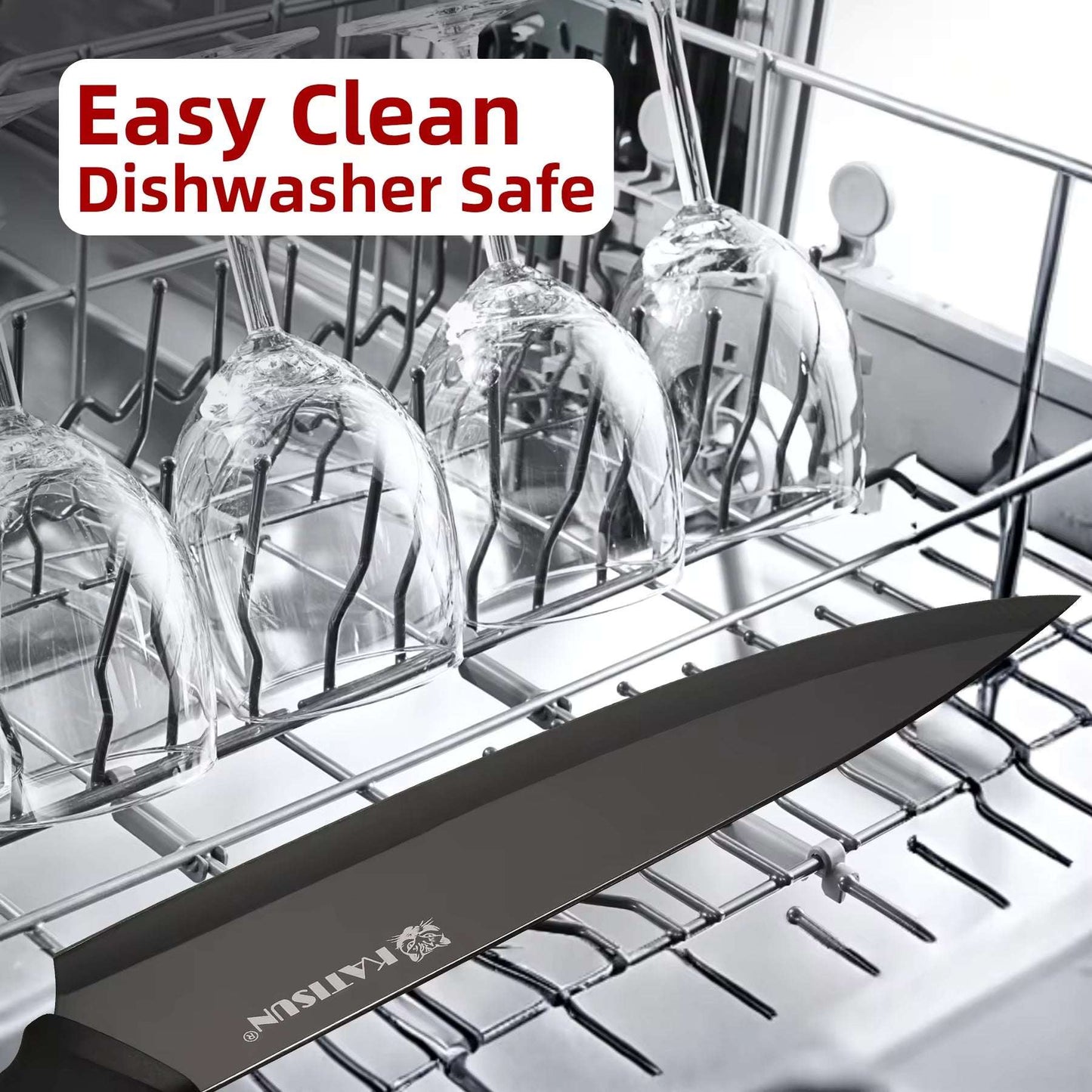 Black knife set in dishwasher rack; dishwasher-safe block