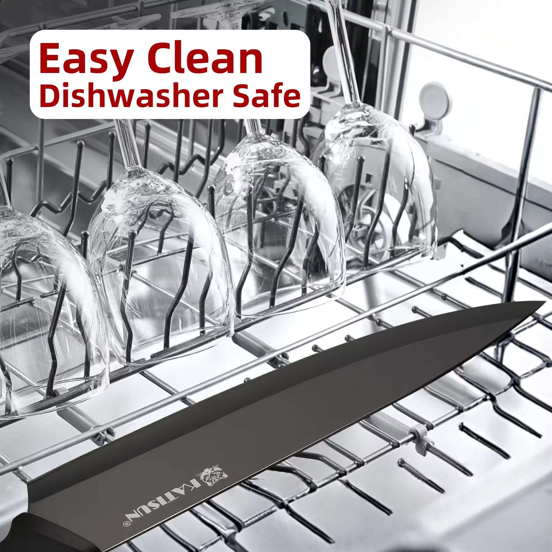 Black knife set in dishwasher rack; dishwasher-safe block