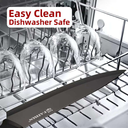 Black knife set in dishwasher rack; dishwasher-safe block