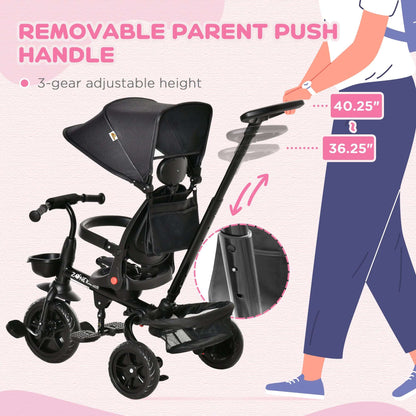 Kids 3-wheel tricycle stroller with adjustable parent push handle and black canopy.