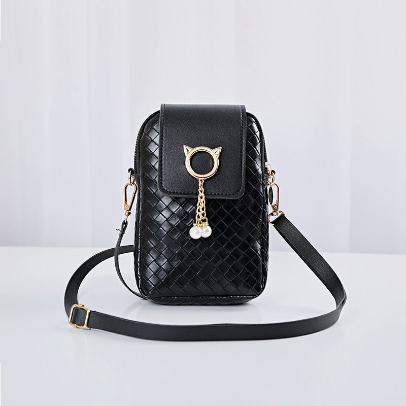 Mobile Phone Bags Women Woven Pearl Tassel Cover Type Crossbody Shoulder Bag