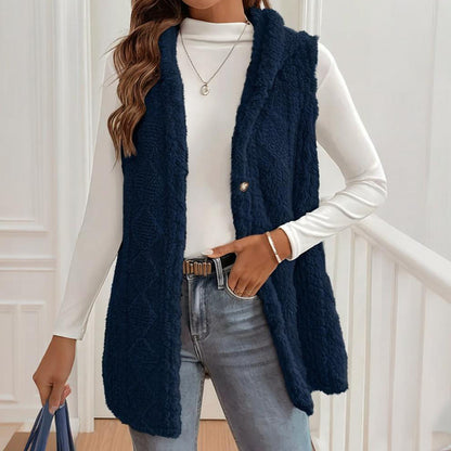 Women's Textured Hooded Vest | Button-Front Fall Layering Piece Women's Textured Sleeveless Hooded Vest, | Ectron Online