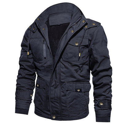 Navy blue jacket with gold buttons on a white background