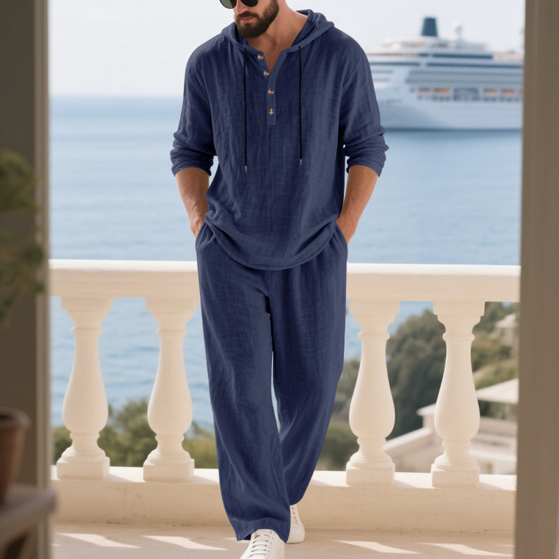 Navy blue hooded long sleeve home wear set with drawstring hood and matching pants