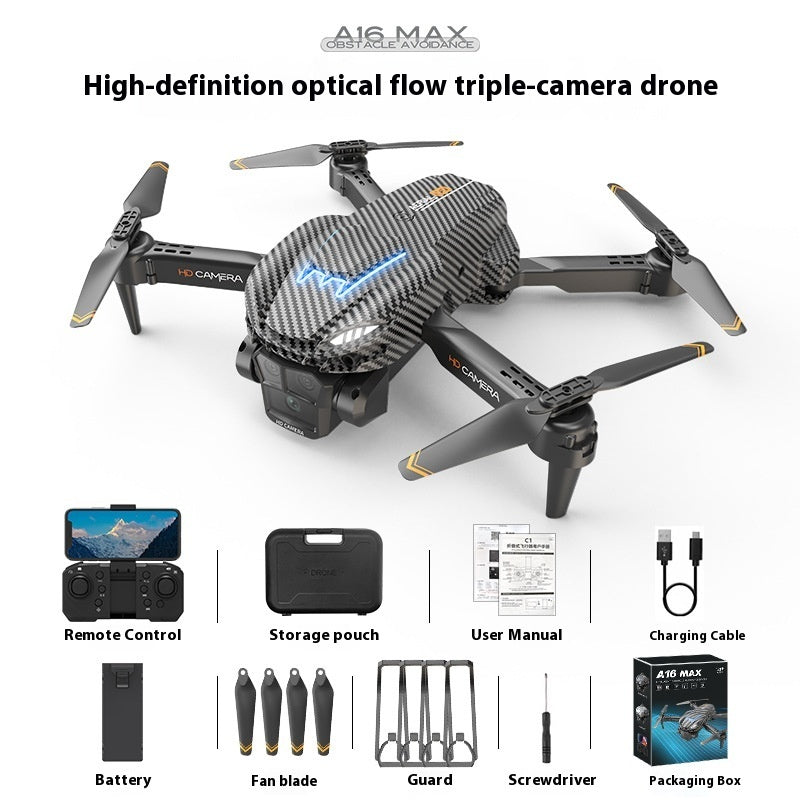 Gray triple-camera drone with accessories: remote, storage pouch, manual, cable and battery