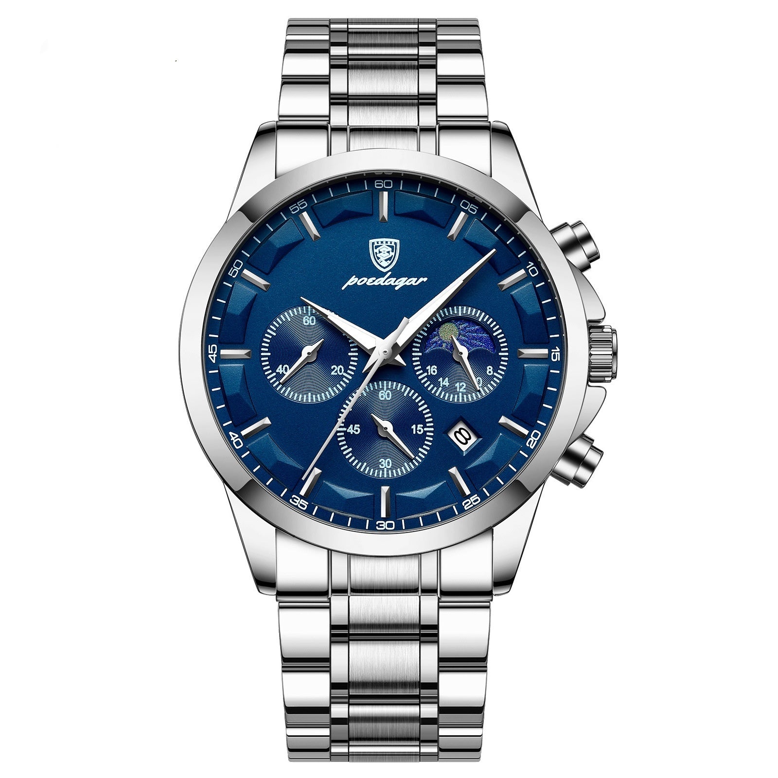 Men’s sports watch with silver metal bracelet, blue dial, and three subdials