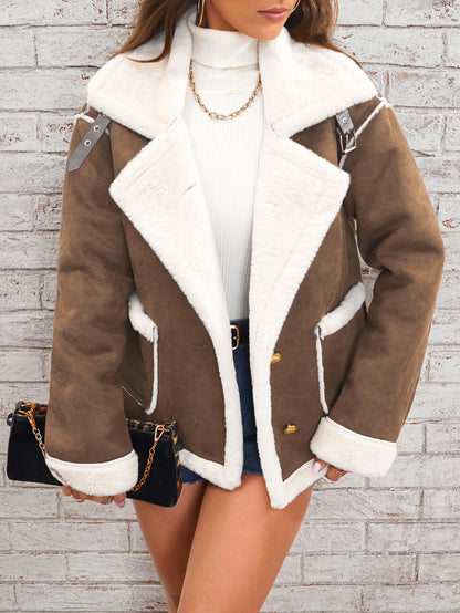 Women's Plush Polo Collar Jacket - Warm Casual Winter Fleece Coat Fashion Polo Collar Plush Jacket Winter | Ectron Online