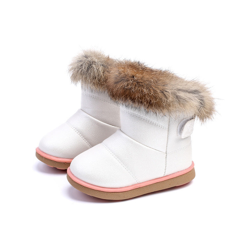 Girls' winter snow boots, white with faux-fur cuffs and tan rubber sole