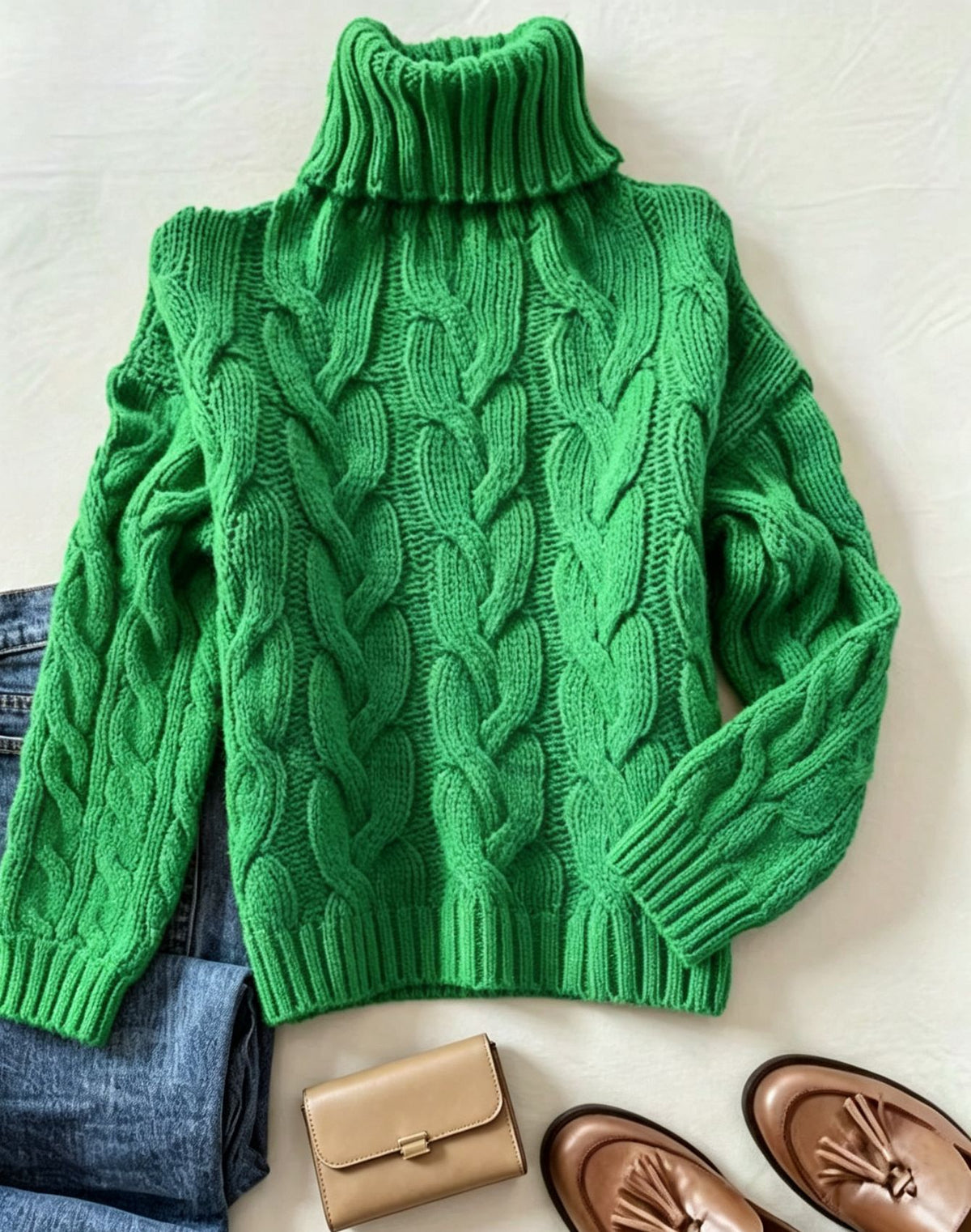 Green cable-knit turtleneck sweater with long sleeves and ribbed cuffs