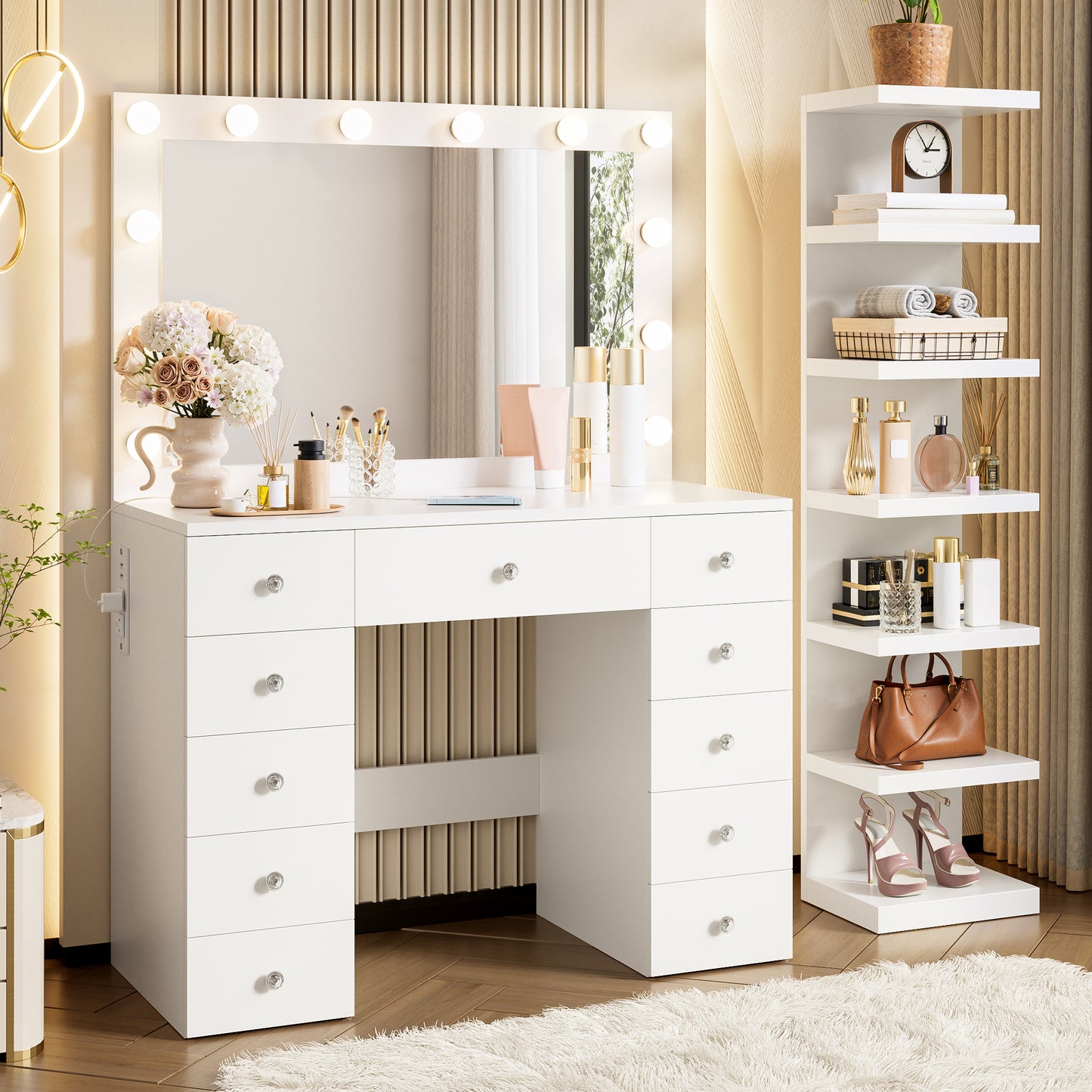 White Hollywood Vanity Desk - 11 Bulbs, 11 Drawers & Power Outlet