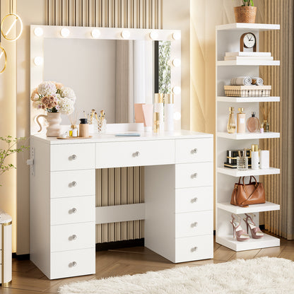White Hollywood vanity desk with lighted mirror, open center, and multiple drawers