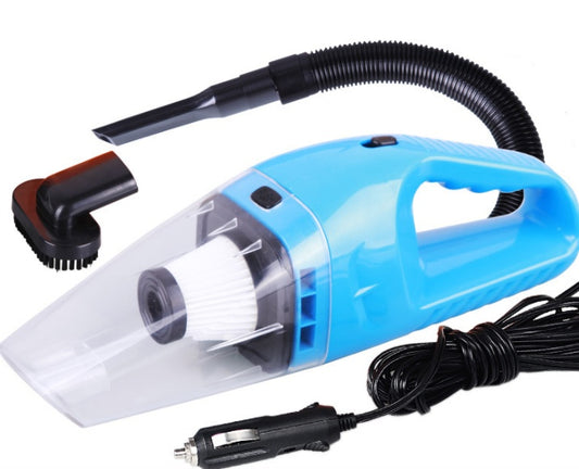 Blue handheld vacuum cleaner with attachments on a white background