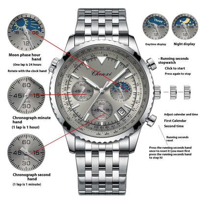 Men's stainless steel chronograph watch with light dial, subdials, and metal bracelet