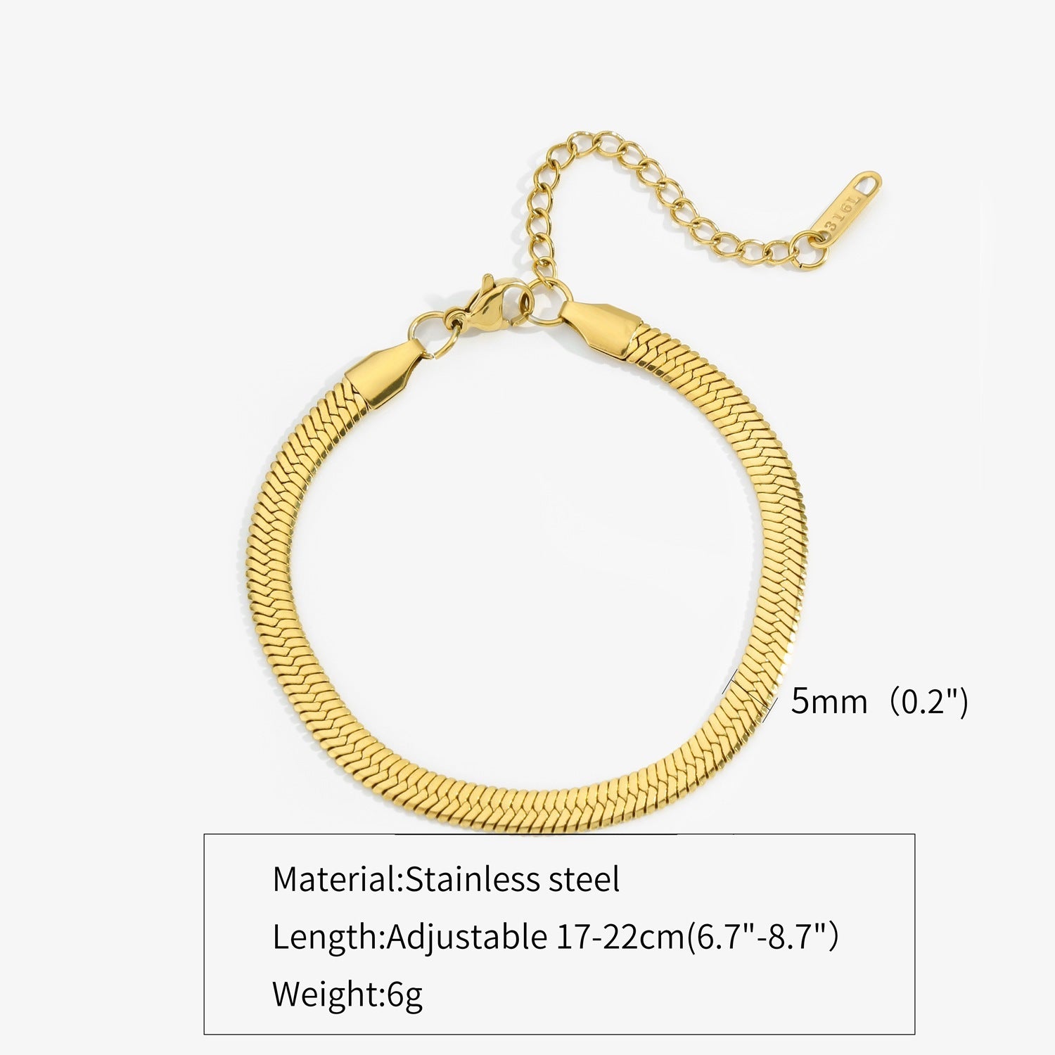 Gold-tone flat snake chain bracelet, 5mm width; adjustable 17-22cm