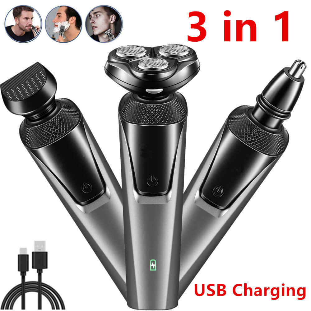Cordless waterproof electric beard and nose trimmer with silver body, three shaving heads, USB cord