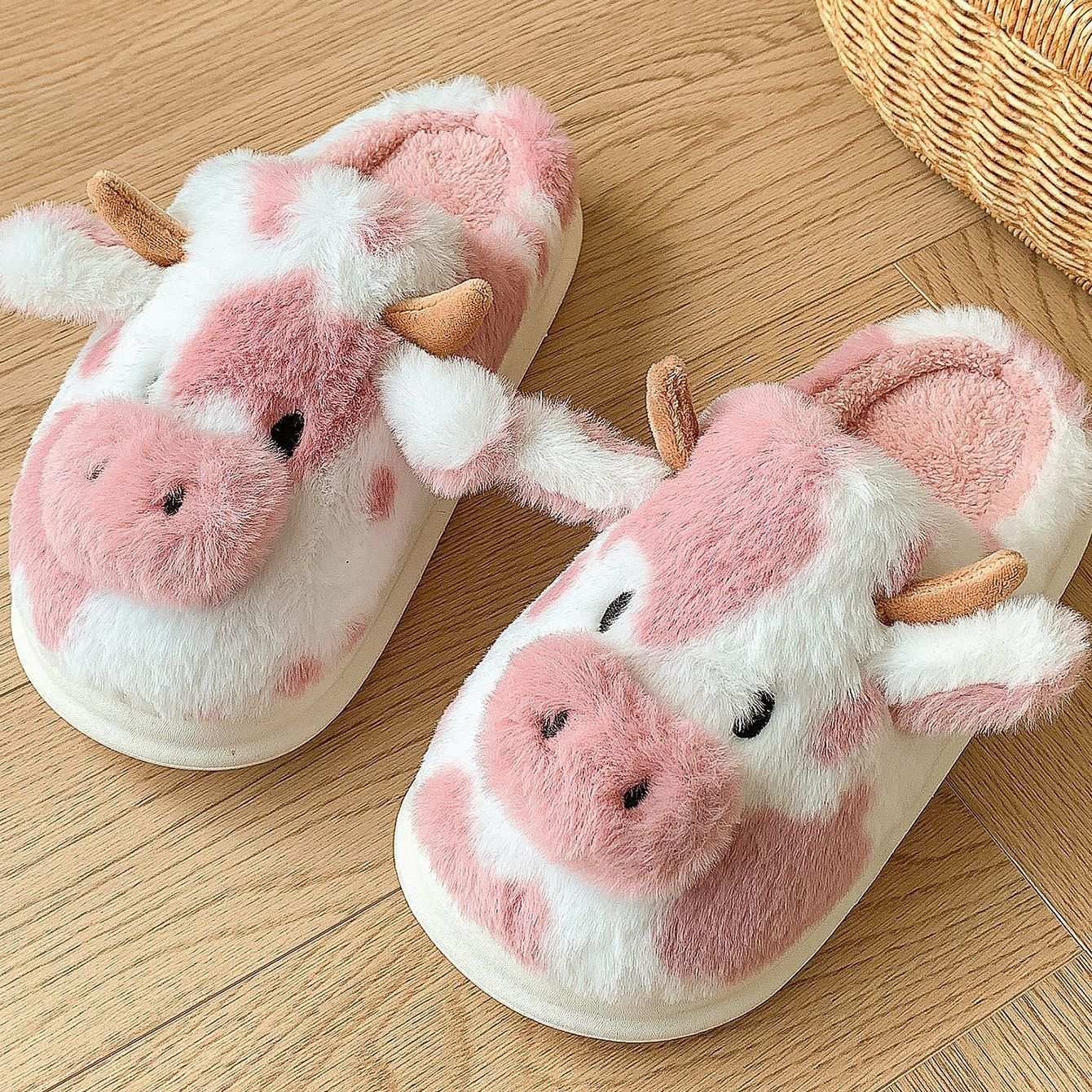 Cute Cartoon Cow Plush Slippers – Warm, Non-Slip for Couples Cute Cartoon Cow Plush Slippers Winter W | Ectron Online