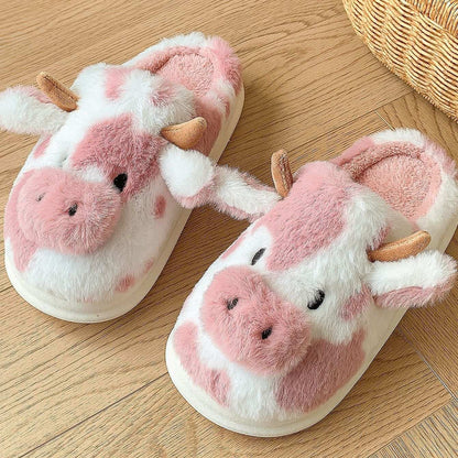 Cute Cartoon Cow Plush Slippers – Warm, Non-Slip for Couples Cute Cartoon Cow Plush Slippers Winter W | Ectron Online