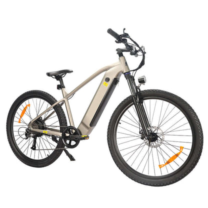 Electric fat-tire e-bike with light cream frame, front disc brake, black seat