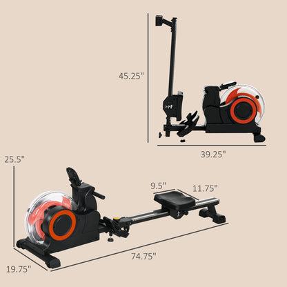 Foldable water rowing machine with compact folded frame and orange water flywheel