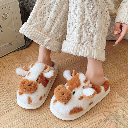 Cute Cartoon Cow Plush Slippers – Warm, Non-Slip for Couples Cute Cartoon Cow Plush Slippers Winter W | Ectron Online