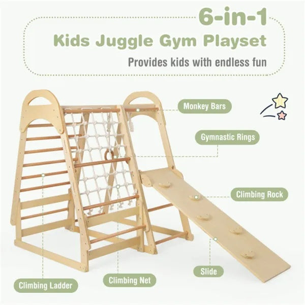 6-in-1 Kids Juggle Gym Playset with climbing ladder, monkey bars, and slide 