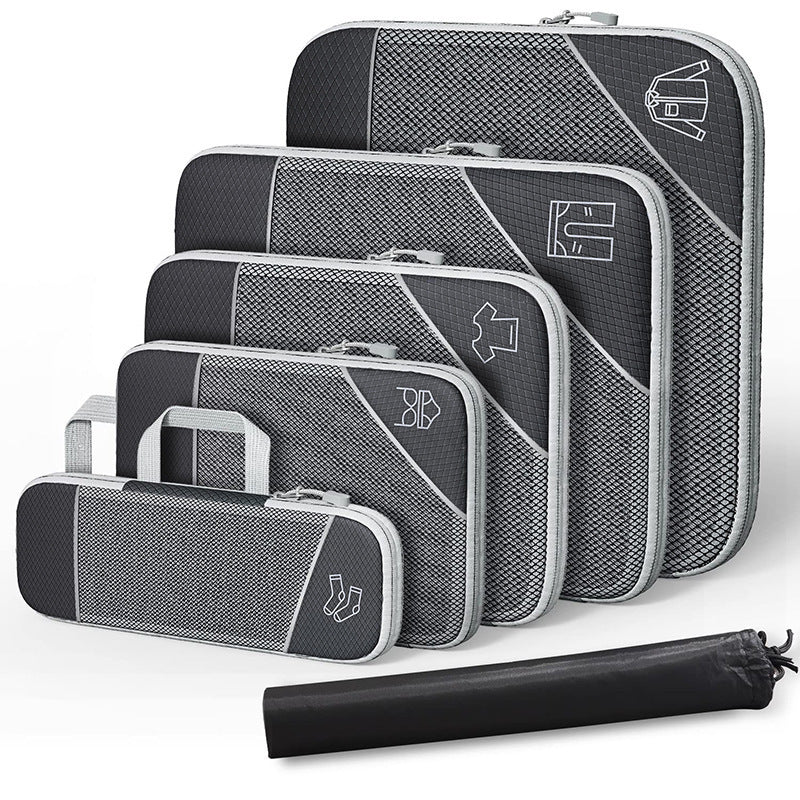 Luggage organizer set with compression bags and shoe bag, dark gray with black compression roll