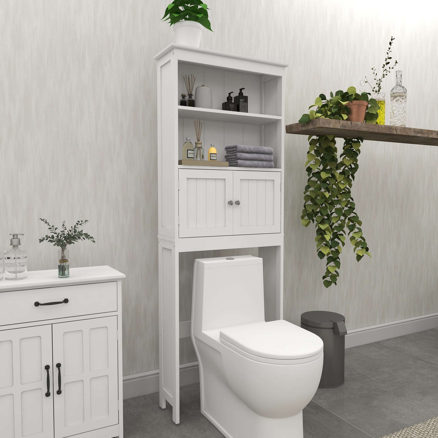 White over-the-toilet storage rack with open shelves and two cabinet doors