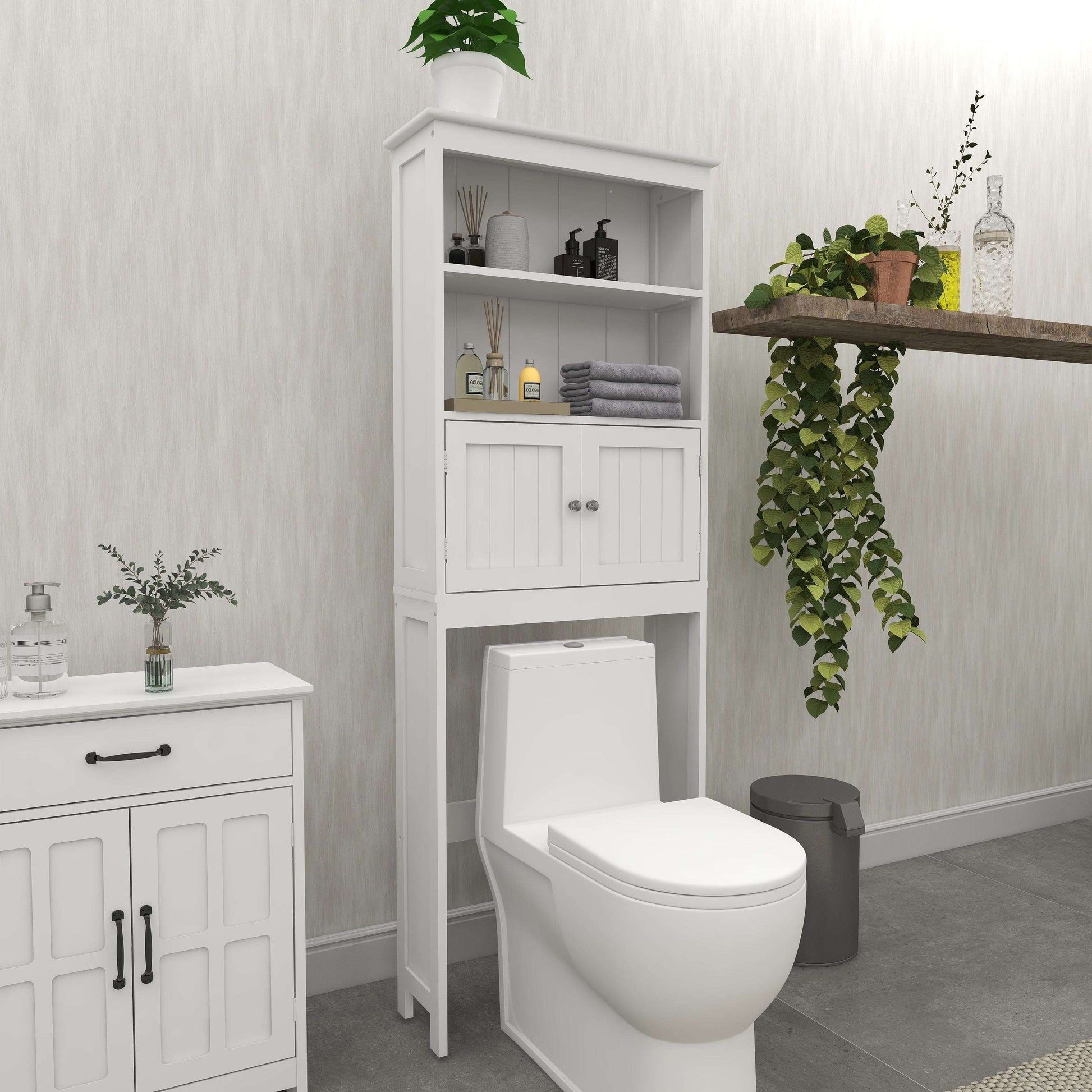 White over-the-toilet storage rack with open shelves and two cabinet doors
