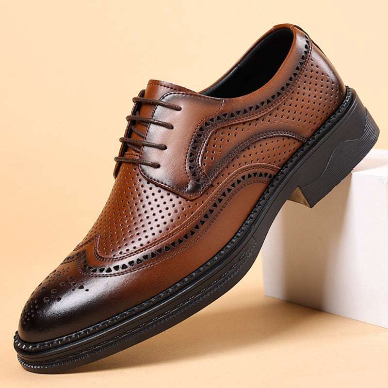 Men's lace-up leather oxford shoes with perforated hollow brogue design, brown.