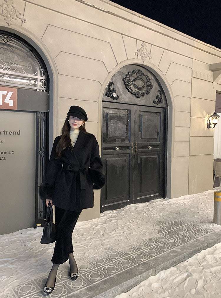 Elegant Double-Sided Cashmere Coat - Detachable Fox Fur Cuff Cuff Detachable Fox Fur Elegant Double-s | Ectron Online
